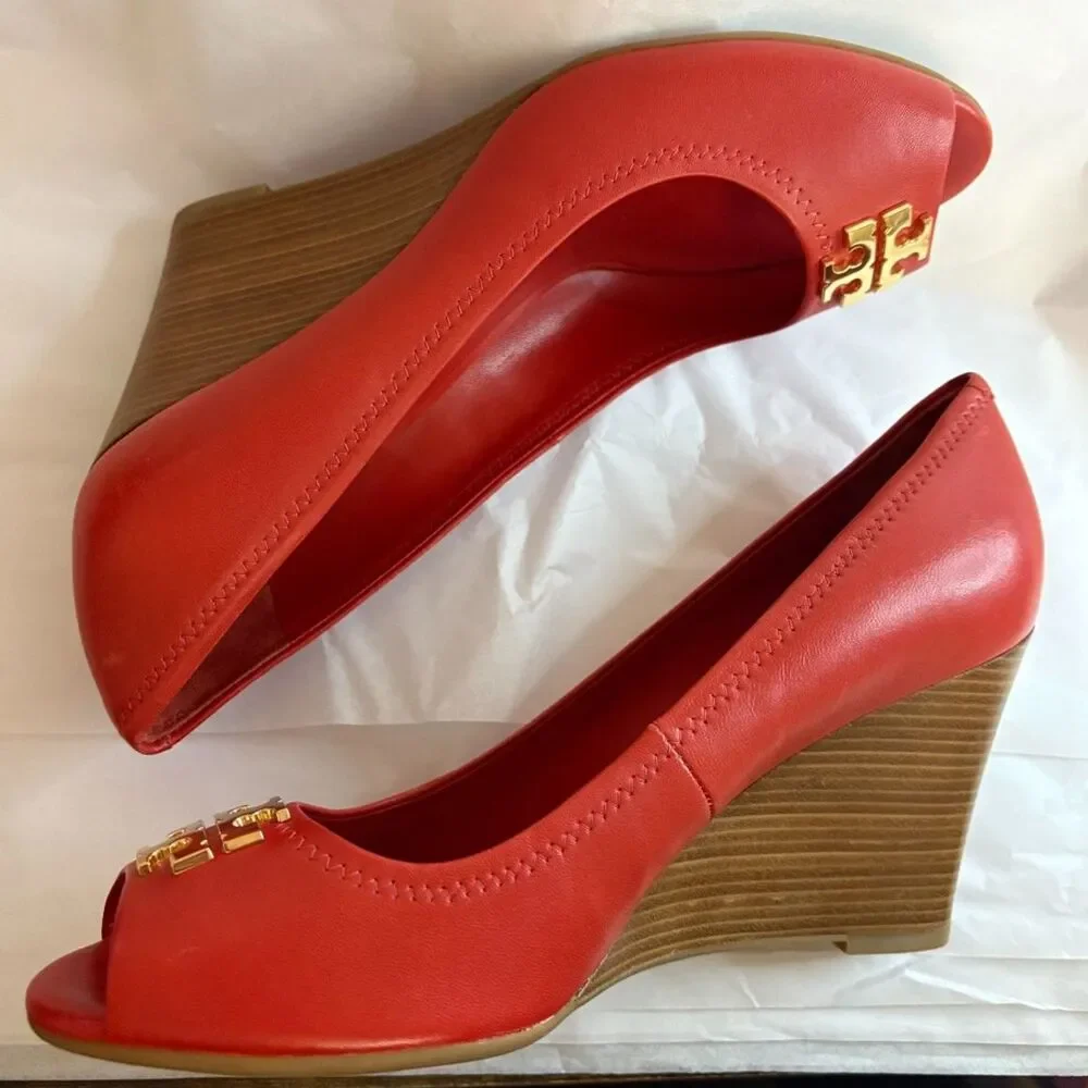 Women's Tory Burch Scarlett Red Leather Wedge Pumps Size 8.5